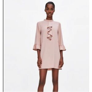 Zara Long Sleeve Dress with Ruffle Detail in Tan